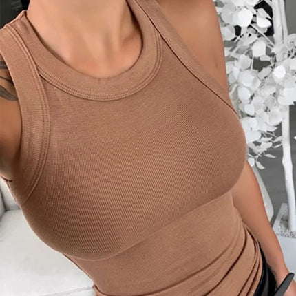 Women Solid Round Neck Ribbed Tank Top Camisole Women Summer Basic Elastic Tank Top O Neck Solid Tank Top