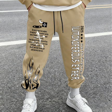 Men Retro Gothic Vertical Letter Flame & Planet Graphic Joggers Elastic Cuff Cozy Loose Fit Urban Casual Street Sweat Pants