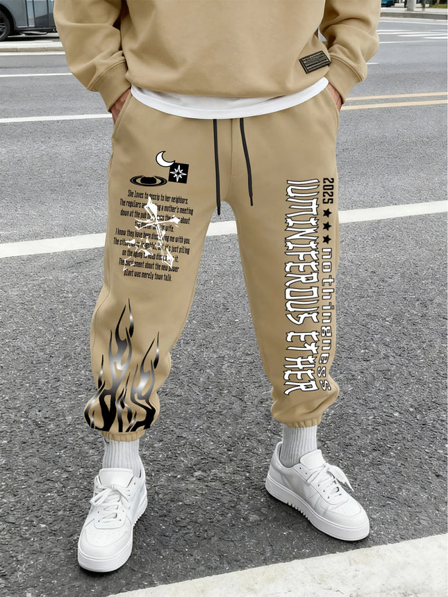Men Retro Gothic Vertical Letter Flame & Planet Graphic Joggers Elastic Cuff Cozy Loose Fit Urban Casual Street Sweat Pants