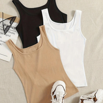 3 Pack Solid Crew Neck Tank Top Casual Sleeveless Top For Spring & Summer Women's Clothing