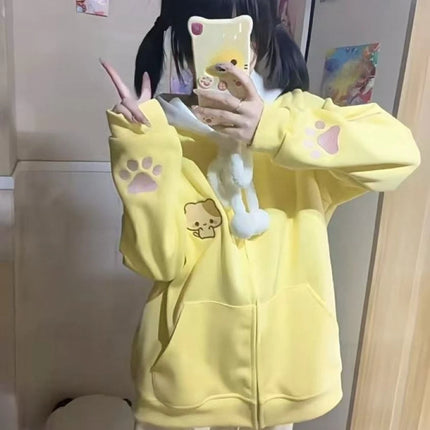 Sweet Kawaii Cartoon Pure Color Loose Zip Up Hoodie Women 2000s Y2k Autumn Winter Japanese Hooded Sweatshirt Lolita Coat Chic
