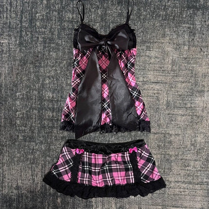 Harajuku Sweet Cool American High Street Casual Tank Tops Y2k Aesthetic Contrast Color Plaid Camisole Thin A-line Lace Edge Tee