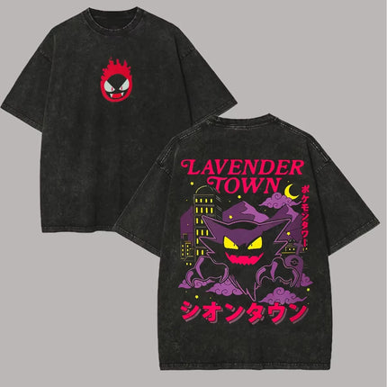 Retro Washed Pokemon Lavender Town Gengar Front Back Print Cotton Crewneck Streetwear T-Shirt For Anime Fans Men Women