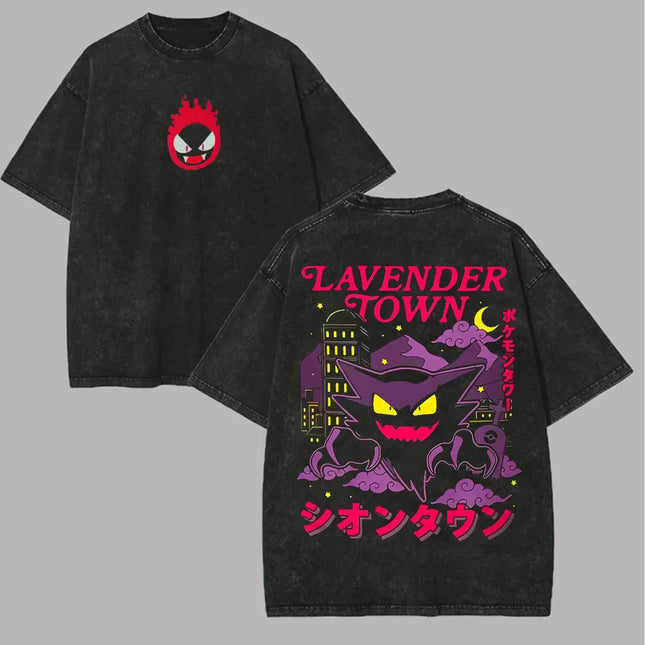 Retro Washed Pokemon Lavender Town Gengar Front Back Print Cotton Crewneck Streetwear T-Shirt For Anime Fans Men Women