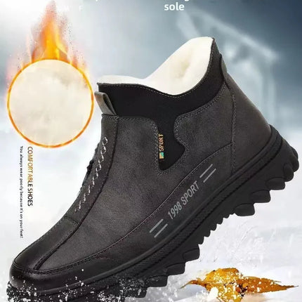 Men's Winter Casual Shoes Thickened Fleece Lined Waterproof Leather Surface Warm Wear Resistant Work Shoes Slip on round Toe