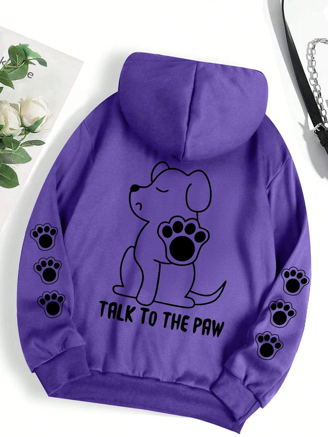 Talk To The Paw Funny Dog Cartoon Print Hoodie Women Warm Fleece Hoody Fashion Casual Hooded Autumn Loose Round Neck Woman Tops