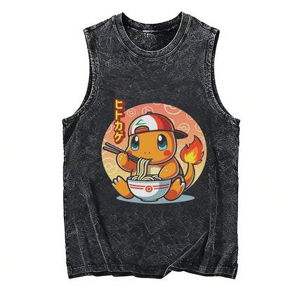 Vintage Washed Pokemon Gengar T Shirt Men Vest 2026 Summer Sleeveless Shirt Ramen Print Streetwear Loose Casual Men's Tank Top