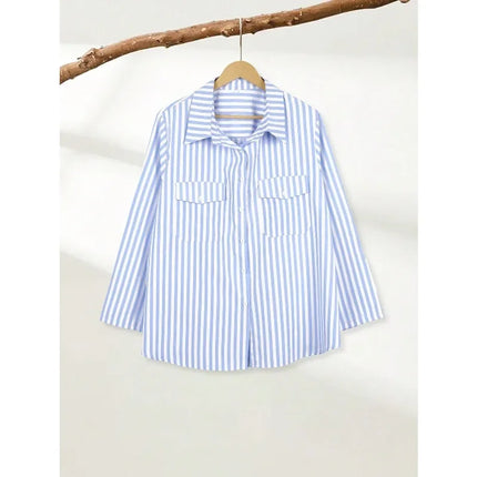 Plus Size Women's Fashionable Striped Button up Blouse Shirt Ladies Casual  Long Sleeve Shirt Tops