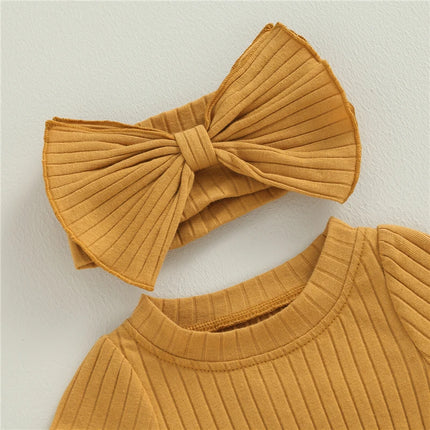 Summer Infant Baby Girls Romper Cotton Baby Jumpsuit Solid Color Short Sleeve Playsuit with Bow Headband Toddler Clothes