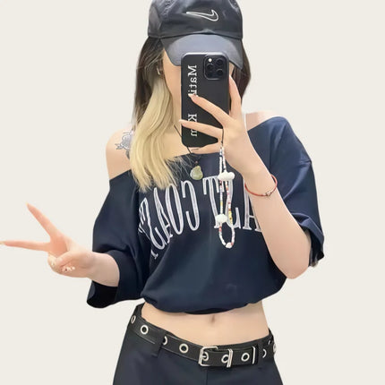 Women's American-Style Short-Sleeved T-Shirt, Summer Design, Finterest Slimming, Loose, Retro Off-Shoulder Top