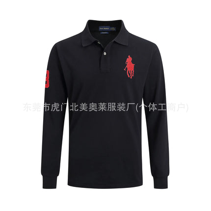 Long Sleeve Pure Cotton Polo Shirt Men's Embroidered Polo Neck T-Shirt Casual Spring Autumn British Style Loose Fit Solid Color