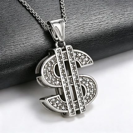 Bling Stainless Steel Dollar Sign Pendant Necklace for Women Men Punk Crystal Charms Chain Money Symbol Jewelry Accessories Gift