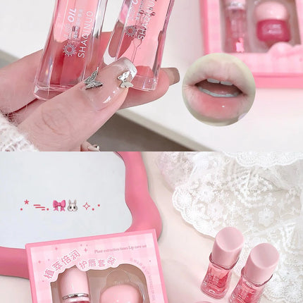 Strawberry Lip Balm & Lip Oil Set Clear Glass Moisturizing Lightweight Hydrating Jelly Day & Night Lip Mask Set Makeup Lips Care