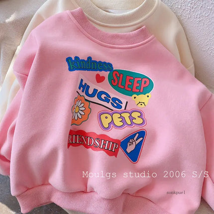 2025 Children's Clothing Autumn Winter Baby Girls Fleece Hoodie New Kids Letter Print Warm Pullover Sweatshirt Tops