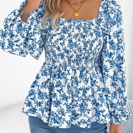 VigoCasey 2025 Spring Floral Print T-shirt Casual Women Lantern Long Sleeve Top Autumn Lady Square Neck Casual Club Short Tops