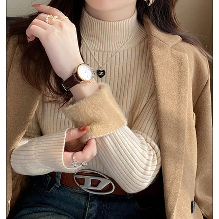 Women's Turtleneck Sweater Winter 2025 Retro with Velvet Lining Thickened Inner Wear Thermal Knitting Bottoming Shirt Pullovers