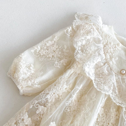 2026 Baby Girl Princess Dress 0-24M Vintage Lace Embroidered Ruffled Collar Romper Dress with Snap Closure Formal Party Dress