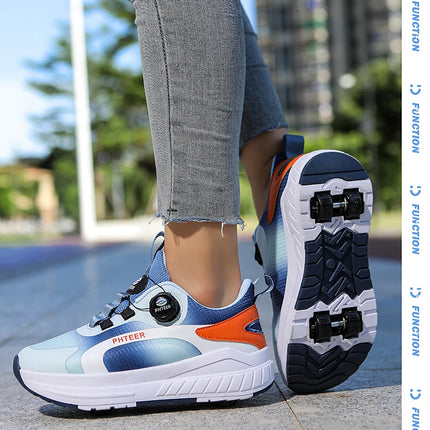 Kids Two Wheels Roller Skating Shoes with Light Magic Stick Walking Shoes, Detachable Wheels Roller Skate Shoes for Teenagers