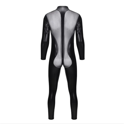 Mens Sexy Mesh Leather Jumpsuit Bodysuit Latex Fetish Gay Zipper Open Transparent Catsuit Erotic Hot Wetlook Wear Male Lingerie