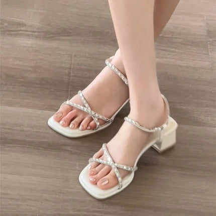 Designer Luxury Summer Women's Sandals Fashion Crystal Narrow Band Pumps Concise Thick Heel Party Dress Sandalias