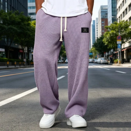 Men Breathable Waffle Knit Wide Leg Sweatpants Drawstring Label Decor Loose Straight Casual Street Sports Trousers