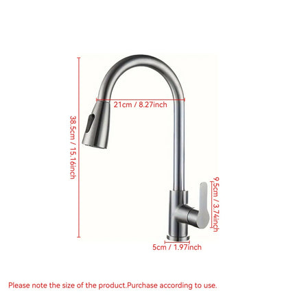 Stainless steel pull-down kitchen faucet, single-hole installation, ceramic valve core, G1/2 Asian standard inlet.