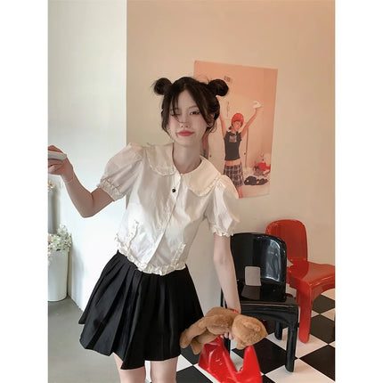 White Doll Collar Bubble Sleeve Shirt Women's Summer 2025 New Design Sweet Short Style Top Polyester Fabric Pure Color Fresh...