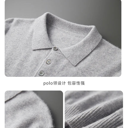 Men's POLO Collar Knitted Pullover Sweater 100% Cashmere Long Sleeved Shirt Casual Business Solid Color Men's Tops Autumn Winter
