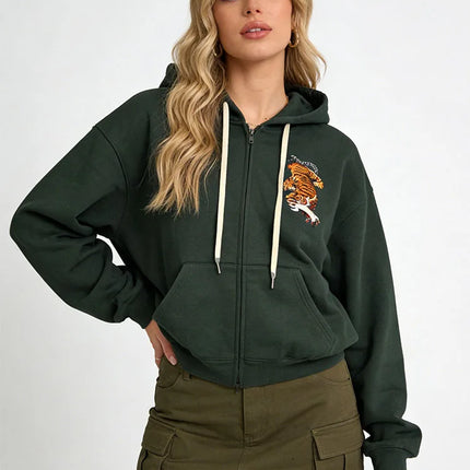 Men's and women's zippered hoodies, dark green tiger patterned hoodies, sportswear, casual streetwear, vintage tops, Spring and