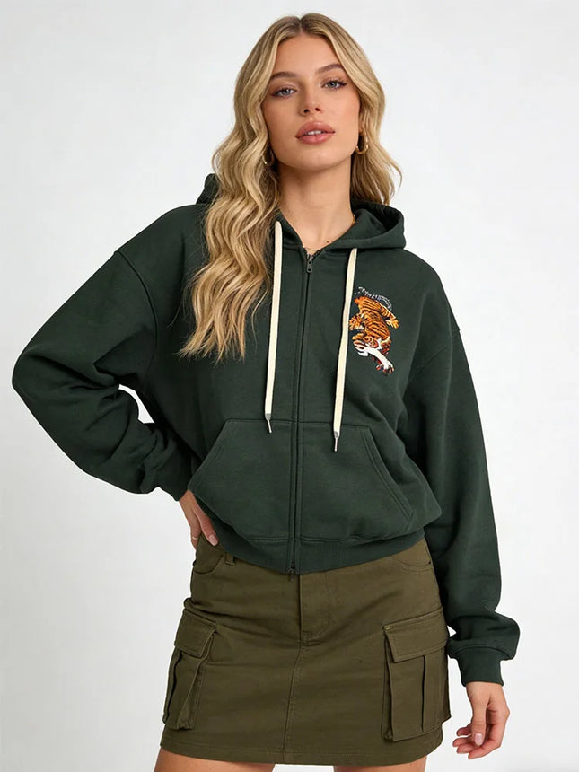 Men's and women's zippered hoodies, dark green tiger patterned hoodies, sportswear, casual streetwear, vintage tops, Spring and