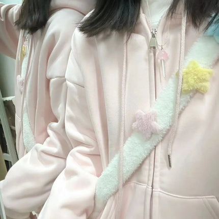 Autumn Winter Thickened Fleece Hooded Sweatshirt Lazy Style Solid Color Open Cardigan Zipper Top Women's Pink Sweatshirt