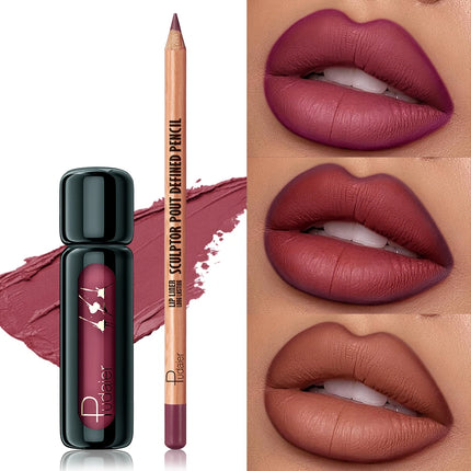 Matte Lip Liner & Gloss Set | Waterproof Lip Liner, Silky Lip Mud for Smooth, Long-Lasting Color & Moisture