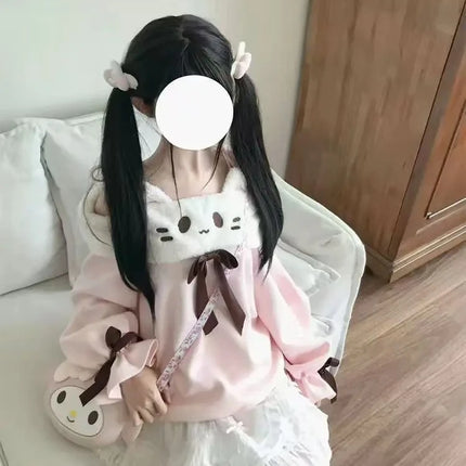 Japanese Kawaii Sweatshirts Women Autumn Sweet Bow Casual Off Shoulder Hoodies Design Elegant Lolita Tops Patchwork Coat