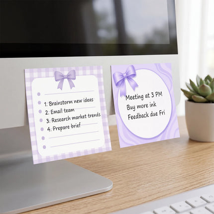 4Pcs Purple Bow Sticky Notes 3x3 Inch, 200 Sheets Cute Checklist Self Stick Memo Pads, Lined Square Notepad with Removable