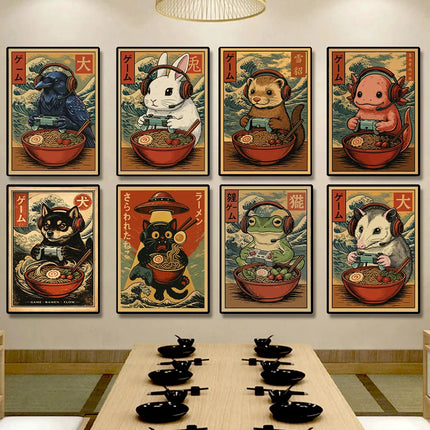 Japan Ukiyo-E Style Fun Game Animal Ramen Posters Art Print Mexican Axolotl Game Cat Ferret Canvas Painting Game Room Home Decor
