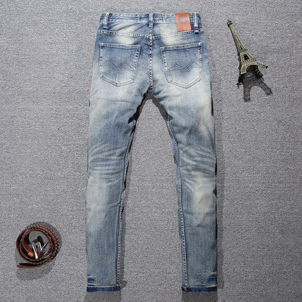 Hombrefashion Y2K Men's Slim Fit Jeans Light Blue Nostalgic Stretch Designer High-Quality Pants for Laundry