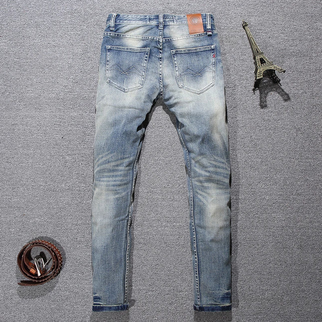 Hombrefashion Y2K Men's Slim Fit Jeans Light Blue Nostalgic Stretch Designer High-Quality Pants for Laundry