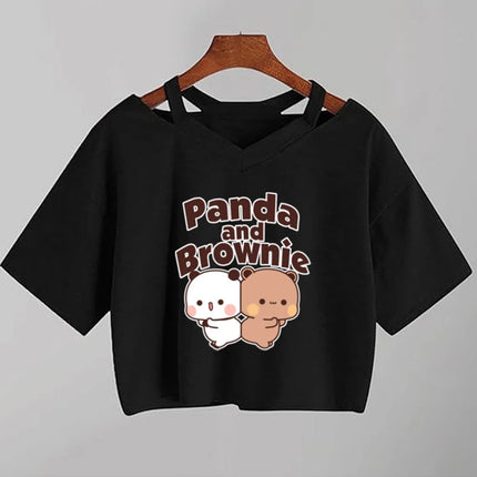 Kawaii Bubu Dudu Anime T Shirt Women Cartoon Panda Bear  Black Shirt Y2k  Aesthetic Female Crop Top
