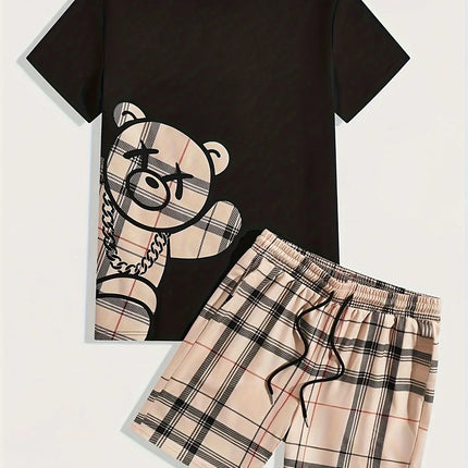 2026 Summer Casual Short-Sleeve Fashionable Breathable Sports Set Loose-Fit Quick-Dry Men's Short-Sleeve Hip-Hop Bear Print Set