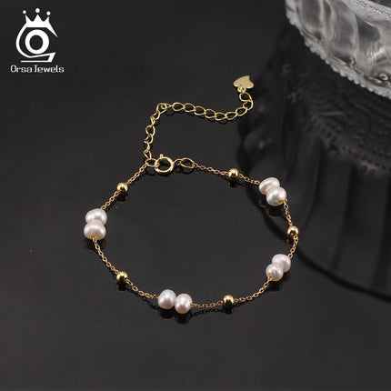 ORSA JEWELS 925 Sterling Silver Pearls Chain Bracelet Vinatge 14K Gold Pearl Beads Bracelet on Hand Female Party Jewelry GPB40
