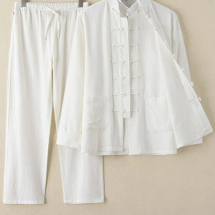 Men's Spring Summer Chinese Style Cotton Linen Long Sleeve Two-Piece Set Traditional Clothing Loose Fit Square Collar Shirt