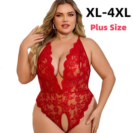 XL-4XL Crotchless Lace Bodysuit Sexy Summer Lingerie for Women See through Erotic Fetish Night Dress Large Size Appeal Clothing