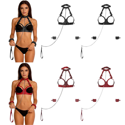 Womens Hollow Out Cup Halter Body Chest Harness with Bracelets and Metal Chain Leash Set Adult Couple Room Games Accessories