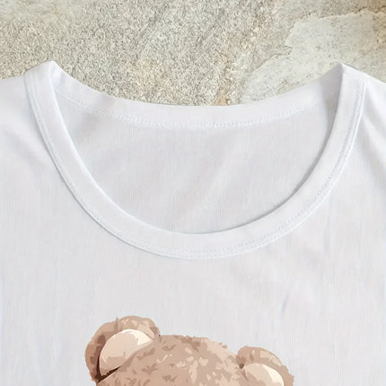 Cute Bear Print T-shirt Short Sleeve Crew Neck Casual Top For Summer & Spring Women's Clothing T Shirt Female Tops Streetwear