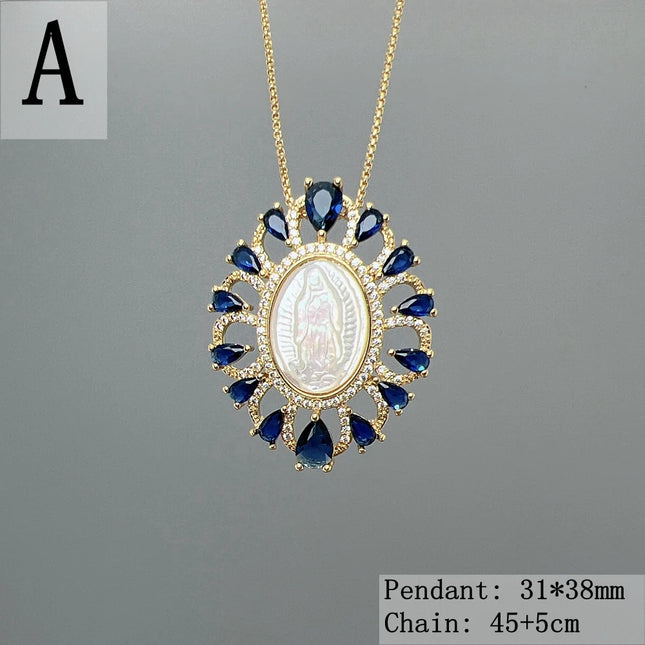Hot Sell Religious Guadalupe Virgin Mary Necklace Female Metal Zircon Mother Pearl Shell Medal Pendant For Women Fashion Jewelry