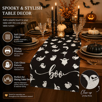 2D Flat Printed Linen Table Runner Cute Boo Table And Kitchen Linens Home Decor Items For Family Dinner Banquet Halloween