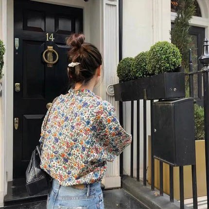 Design Sensation Women's Long Sleeve Floral Print Shirt Early Autumn Casual Wear Collar Button Detail Loose Fit Top