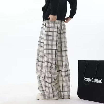 Spring Casual Plaid Striped Straight-leg Pants For Man High Street Fashion Corduroy Drawstring Trousers Y2K Retro Sweatpants