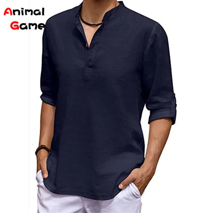 New Men's Linen Long Sleeve V-neck T Shirt Solid Color Oversize Casual Shirt Cotton Shirt Plus Size Yoga Button Shirts for Men