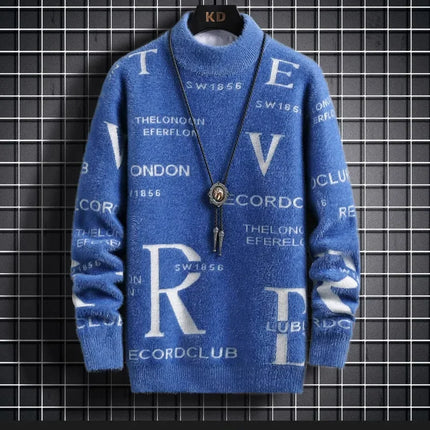 Men's Autumn Winter Fleece Lined Knitted Half High Collar Sweater Letter Pattern Thick Warm Casual Wear for All Seasons